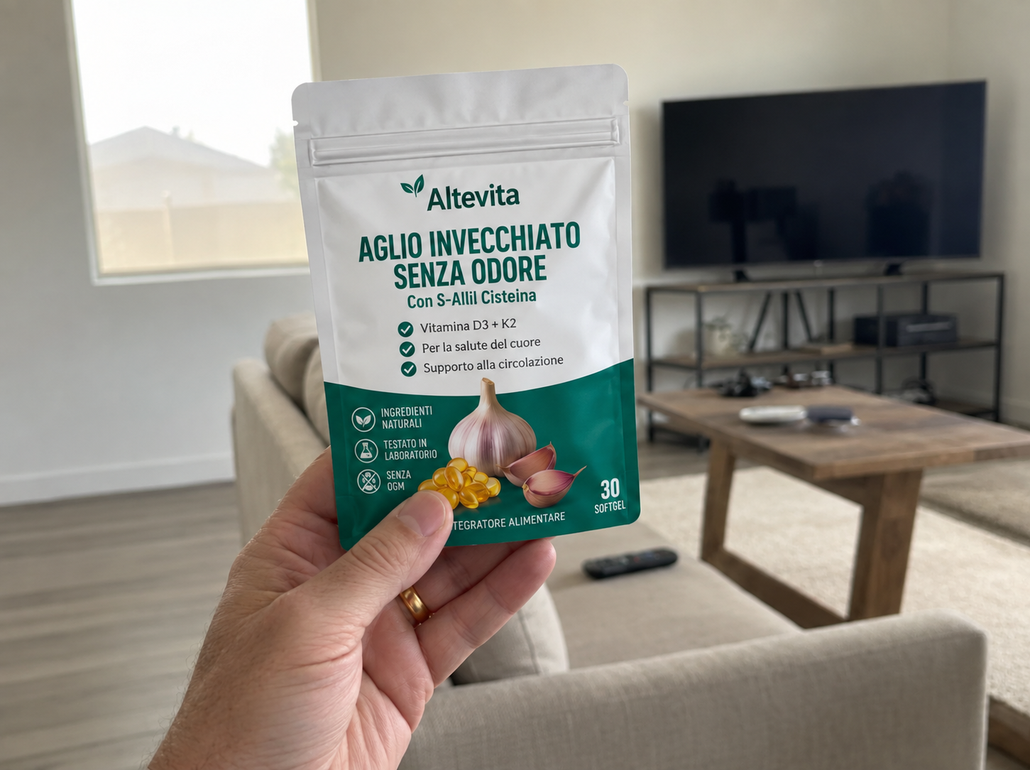 Confezione Altevita® estratto di aglio invecchiato, capsule molli inodori da 7.500 mg equivalenti per dose
